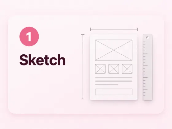 Step 1 Sketch, a wireframe page outline with a ruler, the design stage of a website project