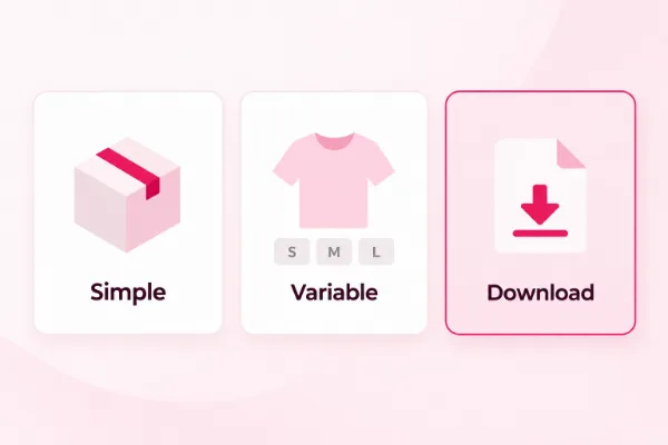 Folded shirts, a boxed item and a USB stick in a row, the product types in WooCommerce features