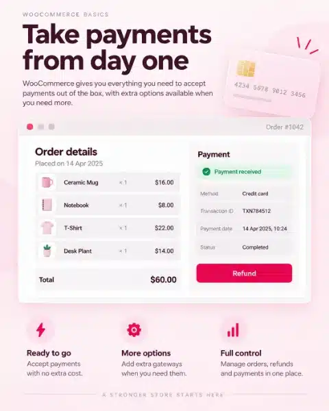 Blank card reader, plain receipt and coins on an oak desk for WooCommerce checkout and payments