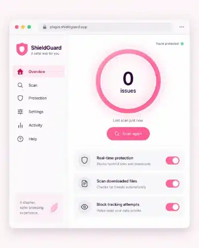 Magnifying glass over index cards with one flagged in pink, like a WordPress security plugin scan
