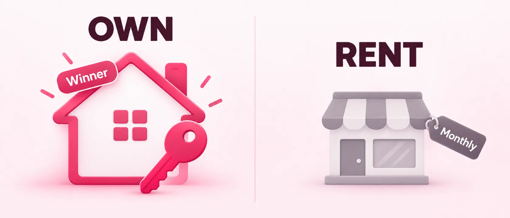 Wooden house with a brass key beside a bill envelope, the own-or-rent difference between Shopify and WordPress